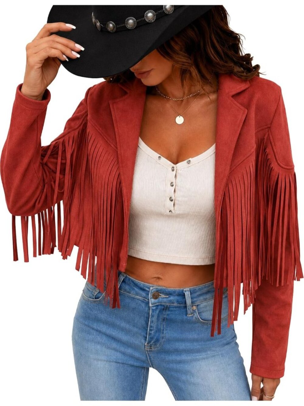 Women's Red Suede Leather Tassel Jackets With Lining Cropped Fringe 80s Coats
